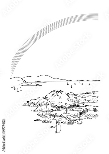 Japanese Coastal Landscape with Boats and Rainbow – Ukiyo-e Style Line Art Illustration