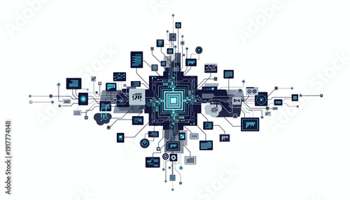 Complex network of interconnected digital elements and data visualization.