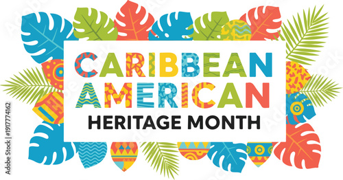 Colorful caribbean american heritage month celebration design with tropical leaves