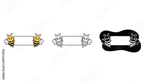 Three different styles of cartoon bees holding a blank sign for text.