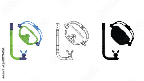 Snorkel mask vector illustration set with colorful and silhouette styles