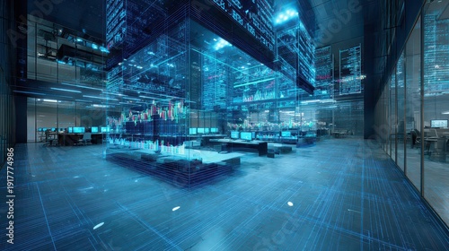 High-Tech Financial Trading Floor with Digital Data Visualization