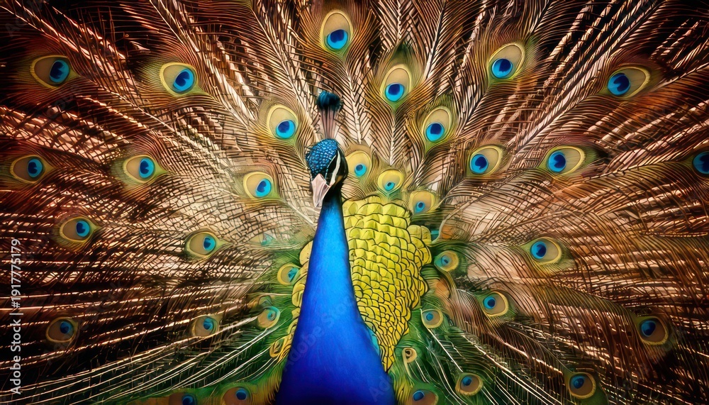 Obraz premium Vibrant peacock displaying its iridescent feathers in a stunning full display.