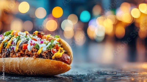 Colorful Gourmet Hot Dog with Toppings on a Street Food Scene