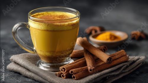 Golden Turmeric Latte with Cinnamon Sticks and Spices on Table