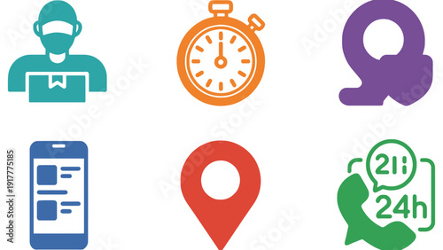 A collection of icons representing delivery services and communication.