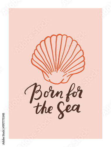 Seashells poster in hand drawn line art style. Vintage summer vacation. Whimsical nautical coastal illustration with various sea shells for retro poster, card, print. La dolce vita vector.