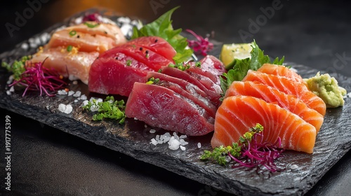 Fresh Sushi Selection on Slate Plate Garnished with Greenery
