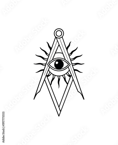Masonic Square and Compasses with Eye of Providence and Sun Rays Vector Illustration