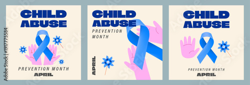 Child abuse prevention month, set of square posters, banners, social media poster, April event, template, modern vector illustration