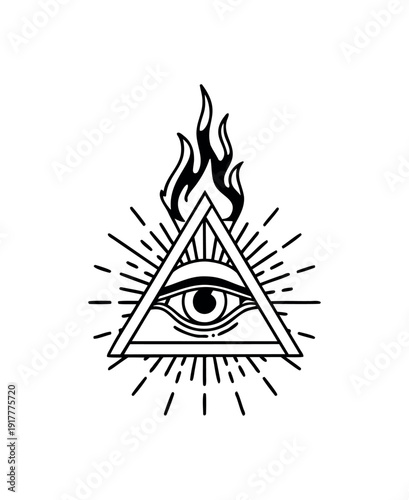 Eye of Providence Vector Illustration – All-Seeing Eye with Flame and Sunburst Rays in Minimalist Tattoo Style