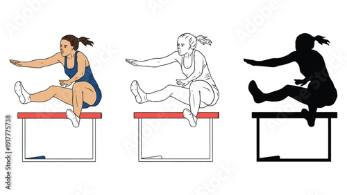 Athlete performs a hurdle jump in three different artistic styles.