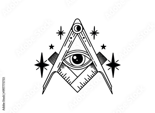 Masonic Symbol Vector Illustration with All-Seeing Eye, Square, and Compasses in Starry Night Sky