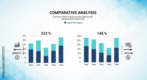 A vector graphic illustration of a comparative analysis chart with bar graphs and growth decline symbols