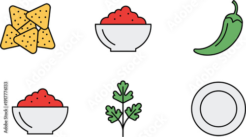Mexican snack and salsa icons set, colorful vector illustrations with crunchy tortilla chips, bowls of red spicy salsa, green chili pepper and cilantro isolated on white background.