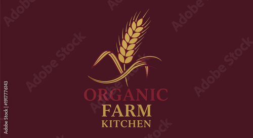 Organic Farm Kitchen logo with golden wheat stalk and elegant typography.