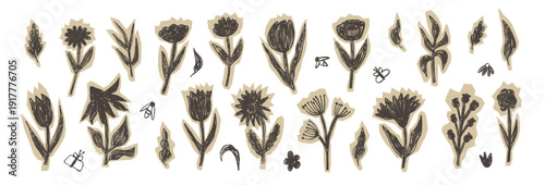 Scrapbook charcoal scribble cutout flowers. Naive black doodle floral on beige pieces of paper stickers. Set of scrap shape crayon floral retro textures. Vector ephemera collage illustration isolated.