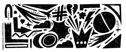 Hand-drawn abstract geometric shapes with charcoal or pencil texture. Scribbles arrows, lightning, and geometric elements set for creative design. Vector naive black kids doodle pattern background.