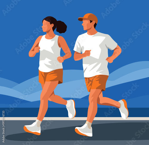Marathon. Sports Day. Two runners, a man and a woman in sportswear, are running a marathon. Vector banner advertising the marathon. Ideal for sports advertising, websites, healthy lifestyle promotions