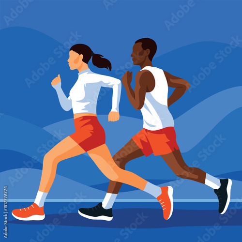 Marathon. Sports Day. Vector banner poster promoting a marathon. Two runners, man and woman in athletic gear, are runningи marathon. Ideal for advertising sports, websites, events, healthy lifestyles