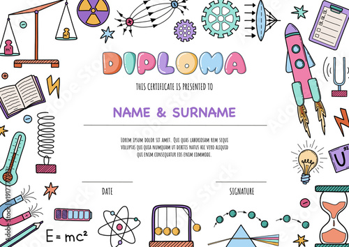 Colorful physics science concept diploma template for kids with doodle lab tools and elements. Perfect for preschool or elementary school awards and certificates. Vector border on white background