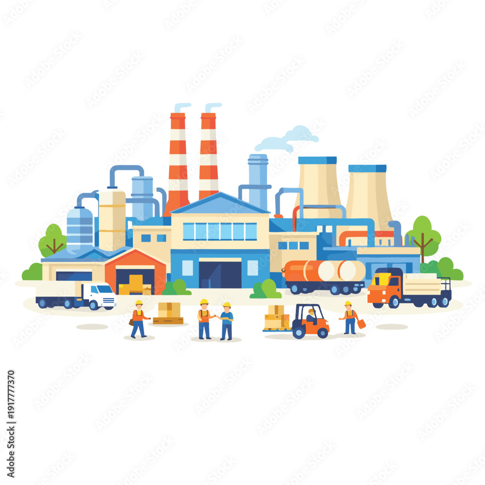 Naklejka premium Factory scene with workers and vehicles in action