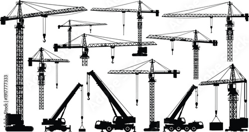 Large Collection of Construction Crane Silhouettes Including Tower Cranes, Mobile Cranes, and Lifting Equipment Isolated on White Background for Industrial Design
