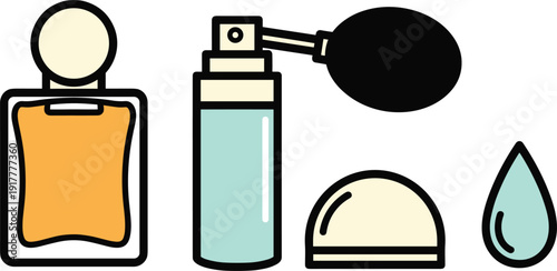 Perfume bottle and beauty product set, colorful vector icons with glass fragrance bottle, spray atomizer, round cap and liquid drop isolated on white background.