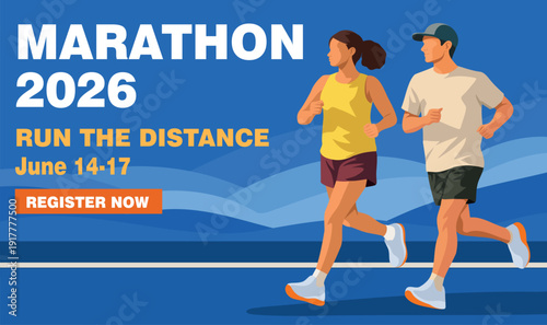 Marathon. Sports Day. Vector banner poster with text promoting the marathon. Two runners, a man and a woman, are running marathon. Perfect for promoting sports, websites, events, healthy lifestyles