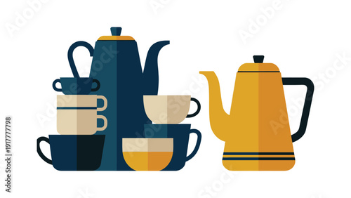 A stack of teacups and a teapot are arranged on a white background.