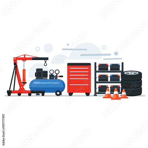 Automotive workshop tools and equipment illustration