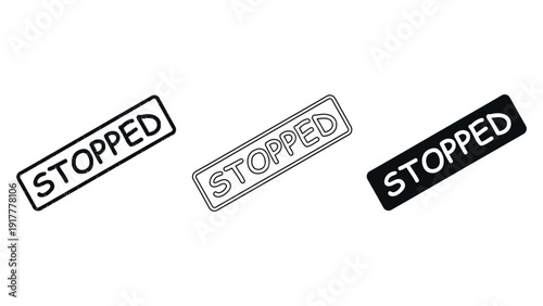 Stopped rubber stamp icons in blue, black and white colors