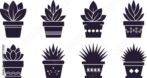 Succulent and houseplant icons set, black silhouettes of various potted plants with decorative leaves and cactus styles isolated on white background.