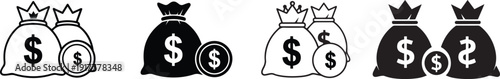 Wealth and prosperity icons featuring money bags with crowns and dollar signs
