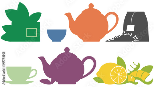 Tea icon set with colorful teapots and cups illustration