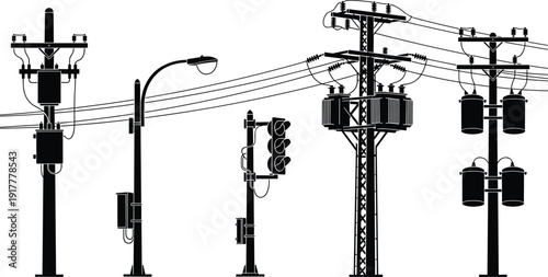 Silhouette Collection of Electrical Utility Poles, Power Lines, High Voltage Transformers, Street Light Lamp Post, and Traffic Signal for City Infrastructure