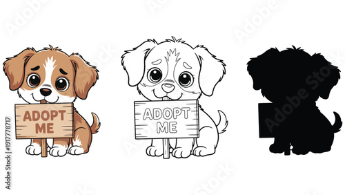 A cute puppy holding a sign that says 'Adopt Me'.