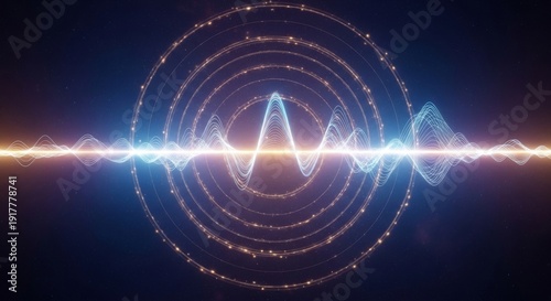 A futuristic digital audio frequency wave pulses through golden glowing rings against a vast, dark cosmic space background with stars.