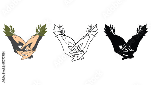 Three stylized depictions of hands forming a V shape with laurel leaves.