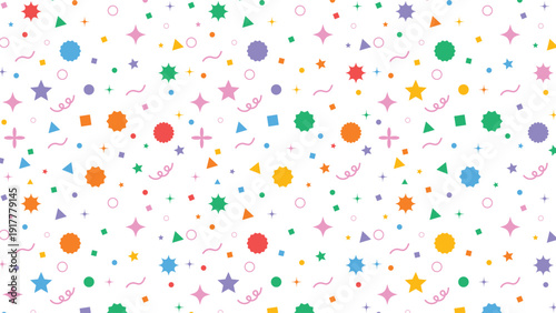 Colorful array of assorted geometric confetti shapes and celebratory elements scattered randomly across a bright white background creating a festive seamless pattern design.