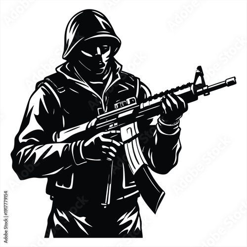 Tactical Soldier Silhouette - Military Special Forces Guard with Rifle Vector