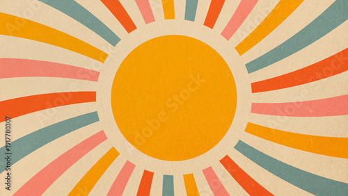 фотографія Vibrant retro sunburst illustration featuring a bright orange circle with colorful abstract rays radiating outward in a vintage textured style background design