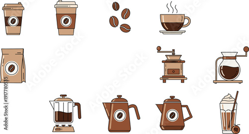 Flat vector illustration set of coffee icons including takeaway cups beans grinder French press moka pot kettle and frappe for cafe design.