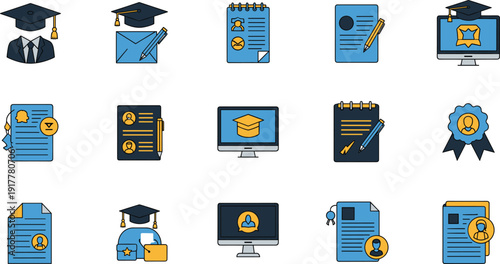 Flat vector illustration set of higher education icons including graduation caps diplomas academic profiles computer screens medals and student documents for career growth.
