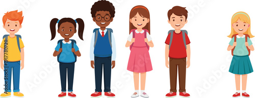 Flat vector illustration of diverse elementary school kids wearing colorful outfits and backpacks standing and smiling for back to school education concept.