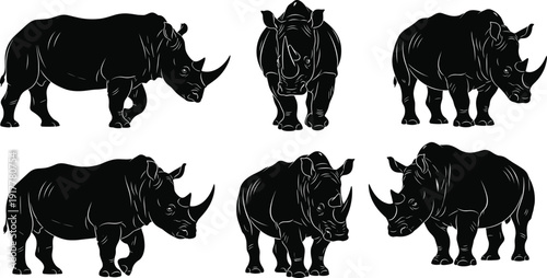 Rhinoceros silhouette set, wild african rhino animal icons, safari wildlife elements, cad drawing flat vector illustration, nature zoo conservation park,
