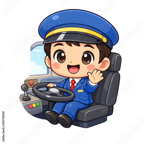 Happy cartoon pilot waving while driving vehicle