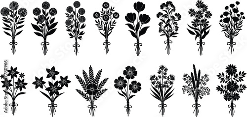 Floral bouquet silhouette set, spring flower bunch icons, decorative wedding botanical elements, cad drawing flat vector illustration, nature garden blossoms,