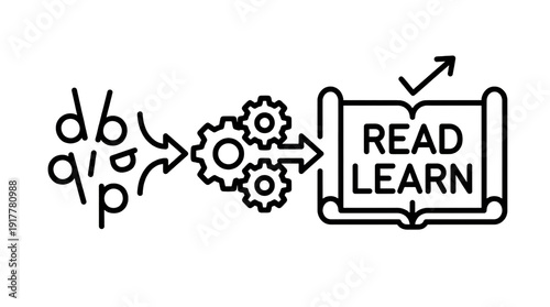 Reading and learning process for dyslexia: jumbled letters flow through gears into a scroll with 'READ LEARN', symbolizing structured comprehension.