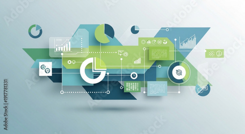 A vibrant infographic illustration featuring various charts and graphs in shades of green and blue, representing data analysis and business intelligence.